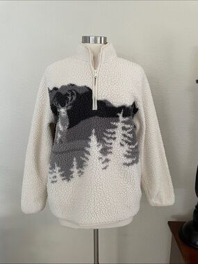 Old Navy Cream Sherpa Half-Zip Pullover with Gray & Black Mountain Design